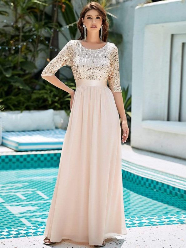 Elegant Round Neckline Long Sleeves Sequin Evening Dress - Blush