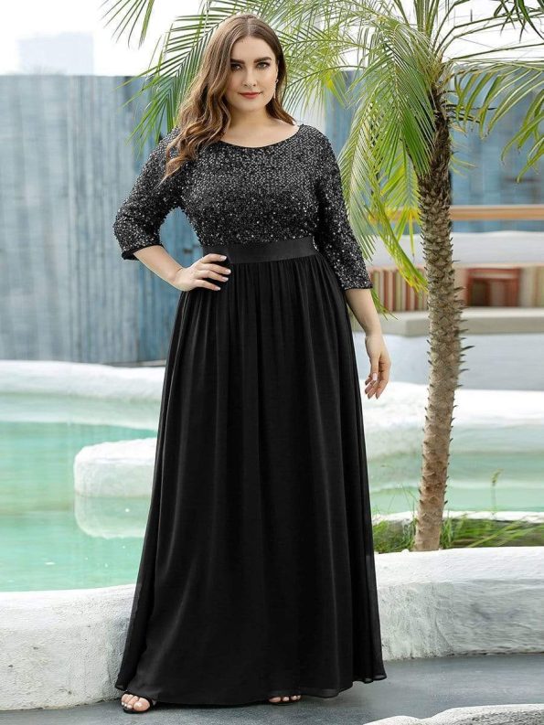 Elegant Round Neckline Long Sleeves Sequin Evening Dress - Black