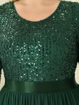 Elegant Round Neckline Long Sleeves Sequin Evening Dress – Dark Green