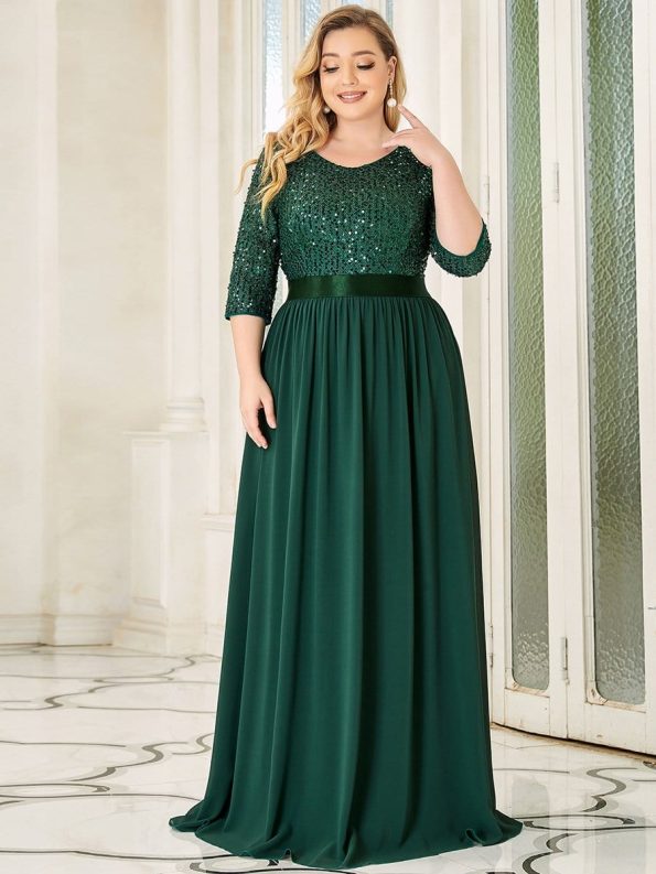 Elegant Round Neckline Long Sleeves Sequin Evening Dress - Dark Green