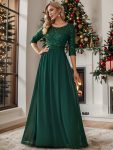 Elegant Round Neckline Long Sleeves Sequin Evening Dress – Dark Green