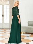 Elegant Round Neckline Long Sleeves Sequin Evening Dress – Dark Green