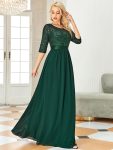 Elegant Round Neckline Long Sleeves Sequin Evening Dress – Dark Green