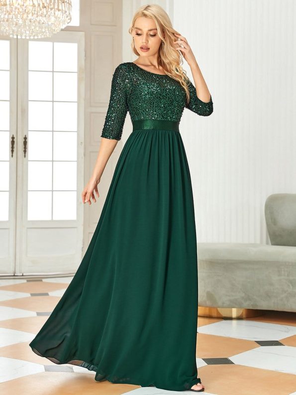 Elegant Round Neckline Long Sleeves Sequin Evening Dress - Dark Green