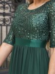 Elegant Round Neckline Long Sleeves Sequin Evening Dress – Dark Green