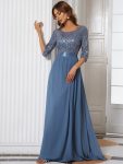 Elegant Round Neckline Long Sleeves Sequin Evening Dress – Dusty Navy