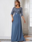 Elegant Round Neckline Long Sleeves Sequin Evening Dress – Dusty Navy