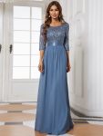 Elegant Round Neckline Long Sleeves Sequin Evening Dress – Dusty Navy