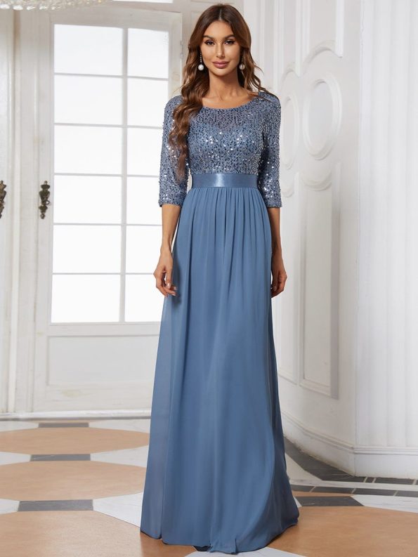 Elegant Round Neckline Long Sleeves Sequin Evening Dress - Dusty Navy