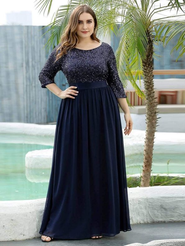 Elegant Round Neckline Long Sleeves Sequin Evening Dress - Navy Blue