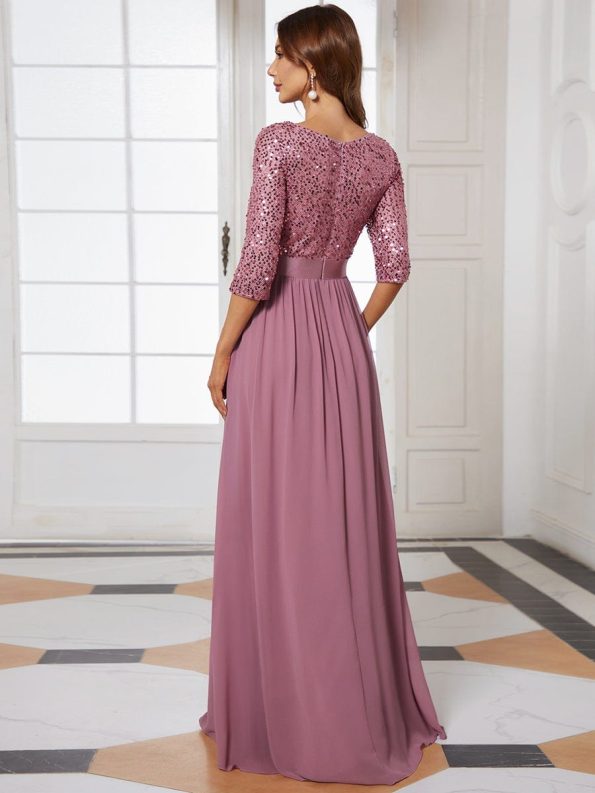 Elegant Round Neckline Long Sleeves Sequin Evening Dress - Purple Orchid