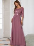 Elegant Round Neckline Long Sleeves Sequin Evening Dress – Purple Orchid