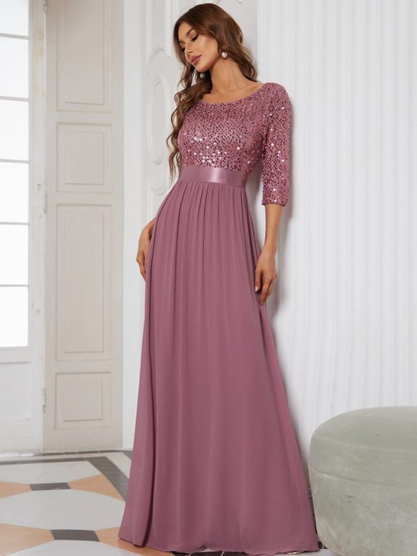 Elegant Round Neckline Long Sleeves Sequin Evening Dress - Purple Orchid