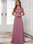 Elegant Round Neckline Long Sleeves Sequin Evening Dress – Purple Orchid