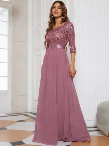 Elegant Round Neckline Long Sleeves Sequin Evening Dress - Purple Orchid