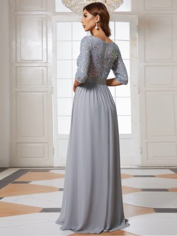 Elegant Round Neckline Long Sleeves Sequin Evening Dress - Silver