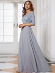 Elegant Round Neckline Long Sleeves Sequin Evening Dress – Silver