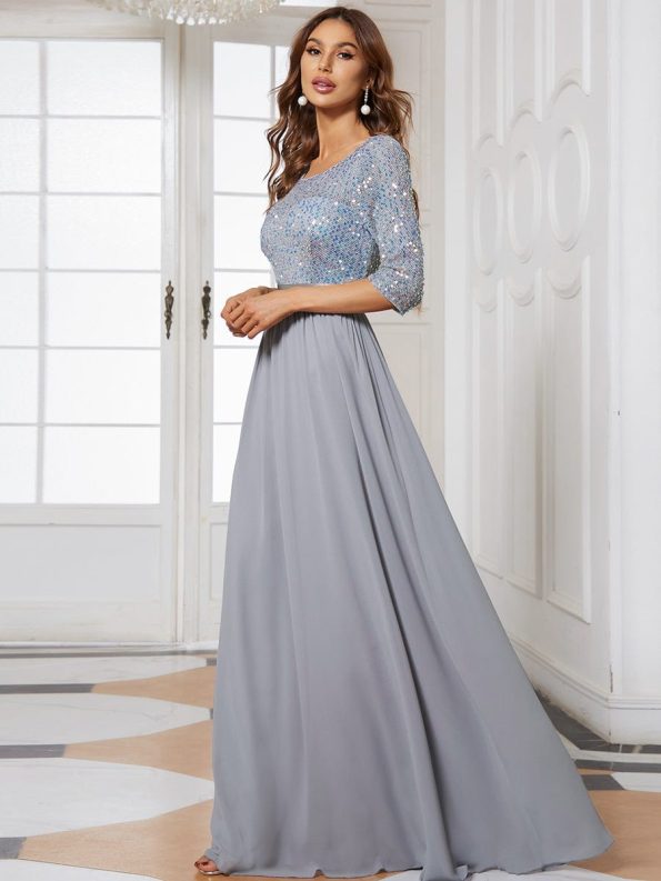 Elegant Round Neckline Long Sleeves Sequin Evening Dress - Silver