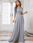 Elegant Round Neckline Long Sleeves Sequin Evening Dress – Silver