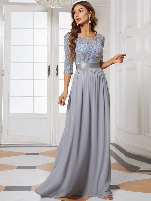 Elegant Round Neckline Long Sleeves Sequin Evening Dress - Silver