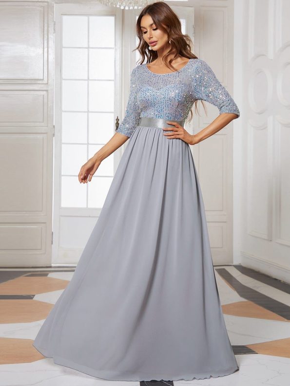 Elegant Round Neckline Long Sleeves Sequin Evening Dress - Silver