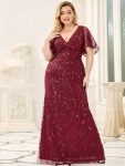 Shiny V Neck Leaf-Sequined Bodycon Formal Evening Dresses – Burgundy