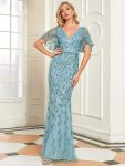 Shiny V Neck Leaf-Sequined Bodycon Formal Evening Dresses – Dusty Blue