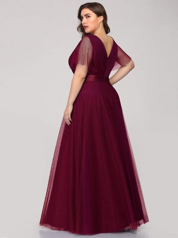 Women's Floor-Length Plus Size Formal Bridesmaid Dress with Short Sleeve - Burgundy