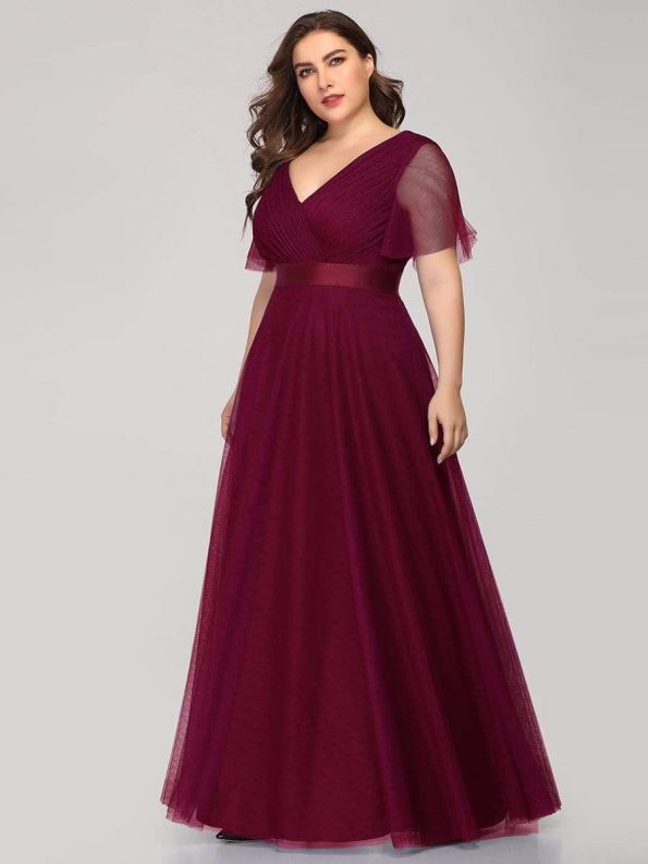 Women's Floor-Length Plus Size Formal Bridesmaid Dress with Short Sleeve - Burgundy