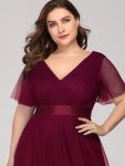 Women’s Floor-Length Plus Size Formal Bridesmaid Dress with Short Sleeve – Burgundy