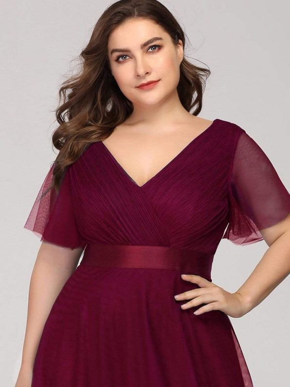 Women's Floor-Length Plus Size Formal Bridesmaid Dress with Short Sleeve - Burgundy