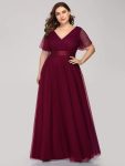 Women’s Floor-Length Plus Size Formal Bridesmaid Dress with Short Sleeve – Burgundy