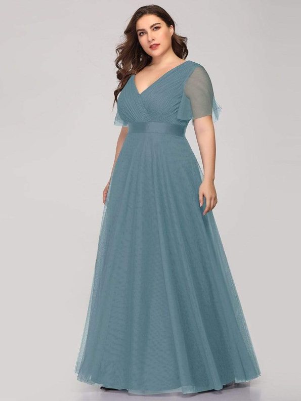 Women's Floor-Length Plus Size Formal Bridesmaid Dress with Short Sleeve - Dusty Blue