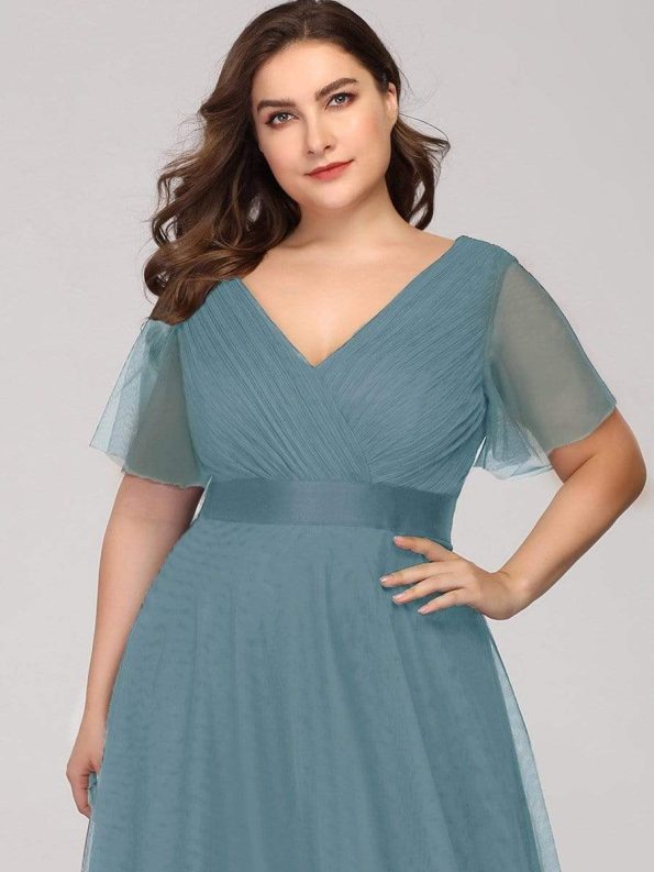 Women's Floor-Length Plus Size Formal Bridesmaid Dress with Short Sleeve - Dusty Blue