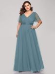 Women’s Floor-Length Plus Size Formal Bridesmaid Dress with Short Sleeve – Dusty Blue