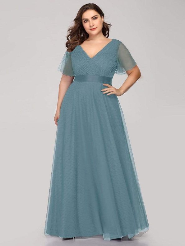 Women's Floor-Length Plus Size Formal Bridesmaid Dress with Short Sleeve - Dusty Blue