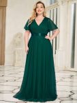 Women’s Floor-Length Plus Size Formal Bridesmaid Dress with Short Sleeve – Dark Green