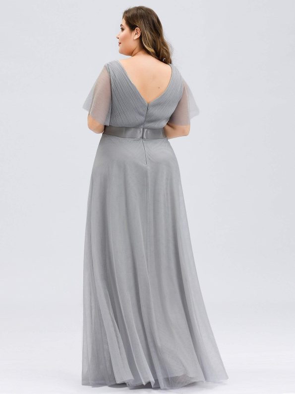 Women's Floor-Length Plus Size Formal Bridesmaid Dress with Short Sleeve - Grey