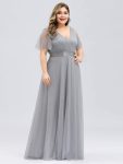 Women’s Floor-Length Plus Size Formal Bridesmaid Dress with Short Sleeve – Grey