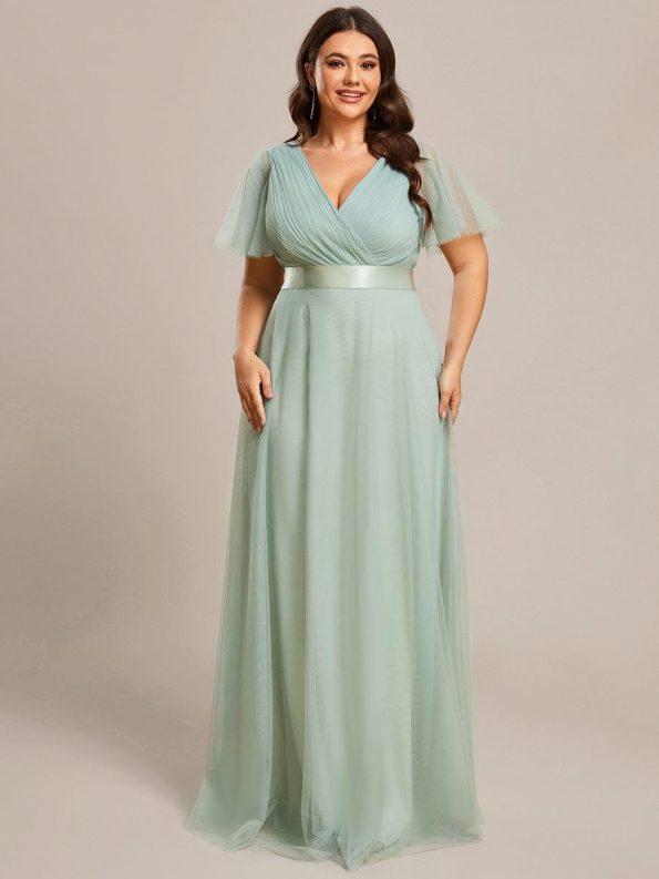 Women's Floor-Length Plus Size Formal Bridesmaid Dress with Short Sleeve - Mint Green