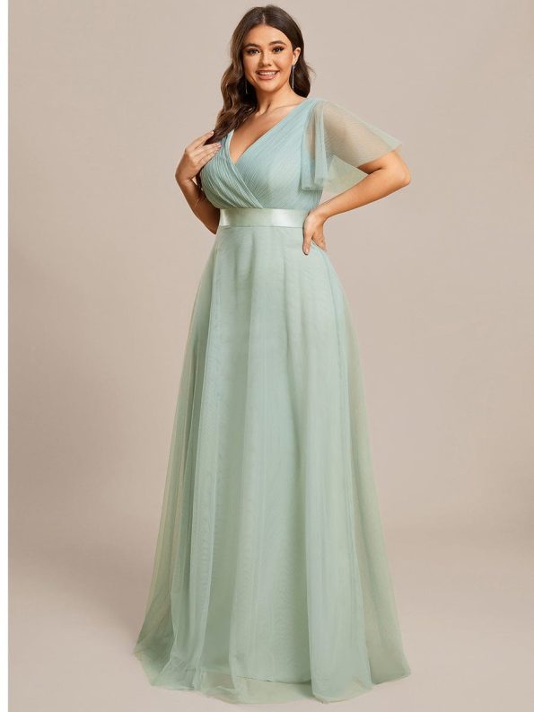 Women's Floor-Length Plus Size Formal Bridesmaid Dress with Short Sleeve - Mint Green