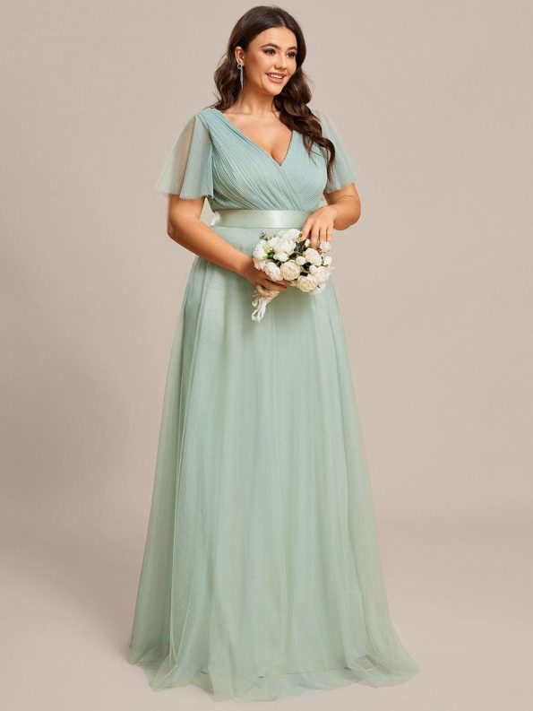 Women's Floor-Length Plus Size Formal Bridesmaid Dress with Short Sleeve - Mint Green