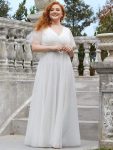 Women’s Floor-Length Plus Size Formal Bridesmaid Dress with Short Sleeve – White