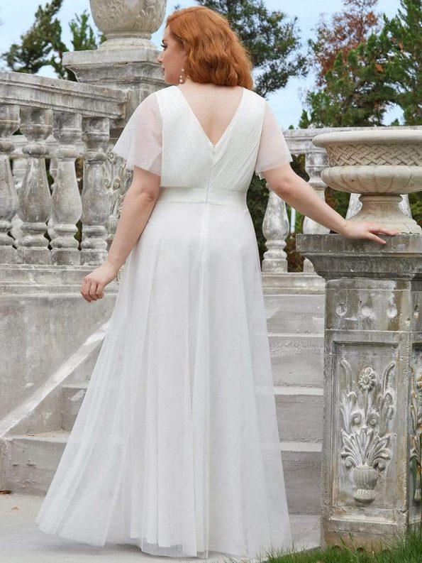 Women's Floor-Length Plus Size Formal Bridesmaid Dress with Short Sleeve - White