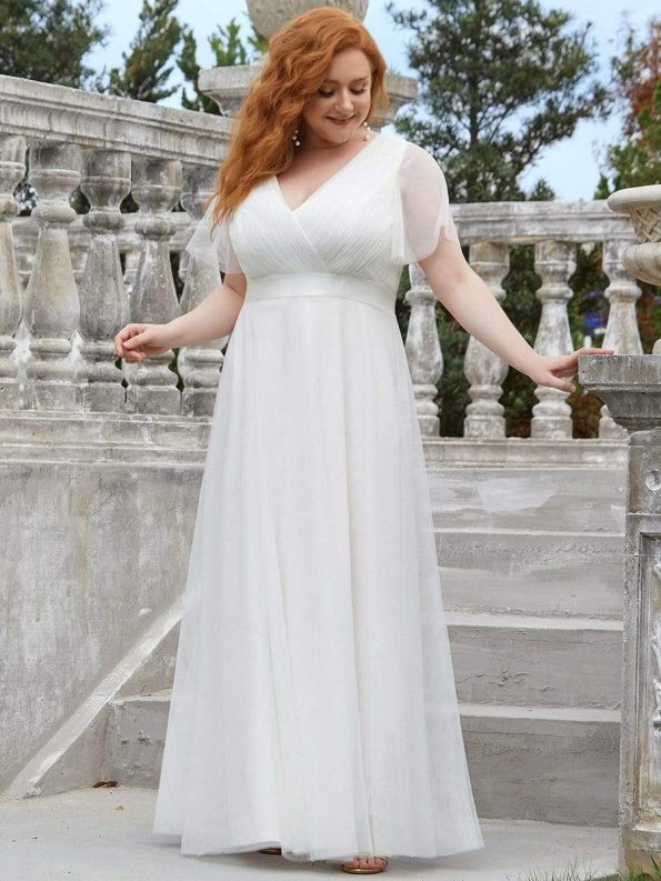 Women's Floor-Length Plus Size Formal Bridesmaid Dress with Short Sleeve - White