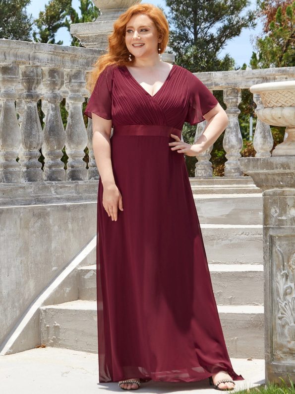 Custom Size Flutter Sleeves Chiffon Empire Waist Bridesmaid Dress - Burgundy