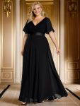 Long Chiffon Empire Waist Bridesmaid Dress with Short Flutter Sleeves – Black