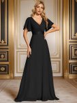 Long Chiffon Empire Waist Bridesmaid Dress with Short Flutter Sleeves - Black