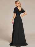 Long Chiffon Empire Waist Bridesmaid Dress with Short Flutter Sleeves – Black