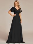 Long Chiffon Empire Waist Bridesmaid Dress with Short Flutter Sleeves – Black